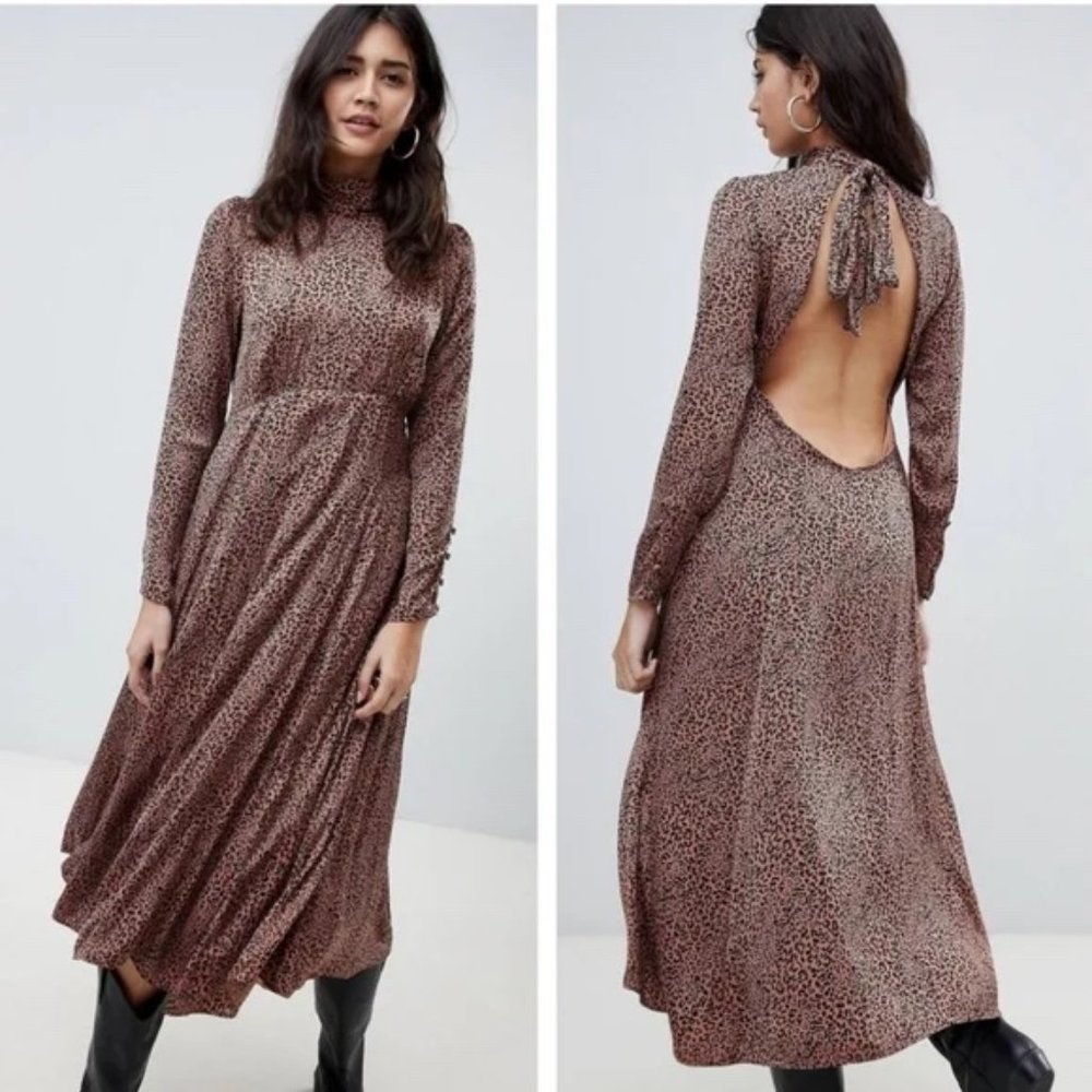 Free People Loveless Brown Black Leopard Print Midi Dress Size 6